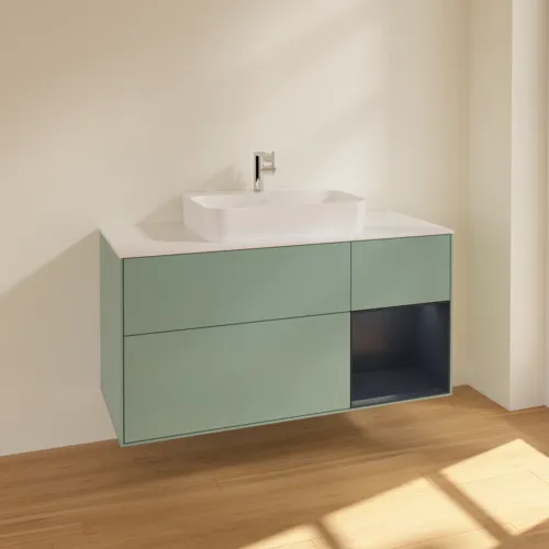 Bild von VILLEROY BOCH Finion Waschbeckenunterschrank, mit Beleuchtung, 3 Auszüge, 1200 x 603 x 501 mm, Olive Matt Lacquer / Midnight Blue Matt Lacquer / Glass White Matt #F421HGGM