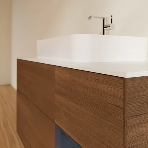 VILLEROY BOCH Finion Waschbeckenunterschrank, mit Beleuchtung, 3 Auszüge, 1200 x 603 x 501 mm, Walnut Veneer / Midnight Blue Matt Lacquer / Glass White Matt #F421HGGN, Bild 6