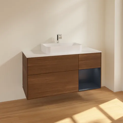 VILLEROY BOCH Finion Waschbeckenunterschrank, mit Beleuchtung, 3 Auszüge, 1200 x 603 x 501 mm, Walnut Veneer / Midnight Blue Matt Lacquer / Glass White Matt #F421HGGN, Bild 2