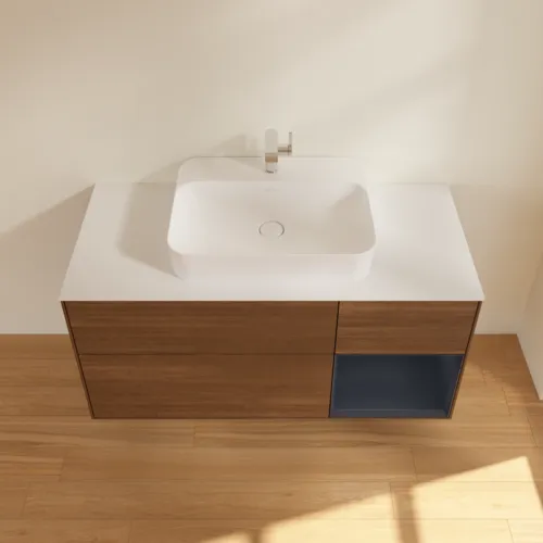 VILLEROY BOCH Finion Waschbeckenunterschrank, mit Beleuchtung, 3 Auszüge, 1200 x 603 x 501 mm, Walnut Veneer / Midnight Blue Matt Lacquer / Glass White Matt #F421HGGN, Bild 4