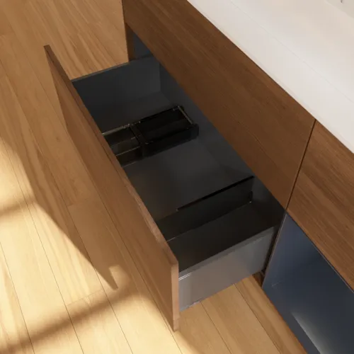 VILLEROY BOCH Finion Waschbeckenunterschrank, mit Beleuchtung, 3 Auszüge, 1200 x 603 x 501 mm, Walnut Veneer / Midnight Blue Matt Lacquer / Glass White Matt #F421HGGN, Bild 7