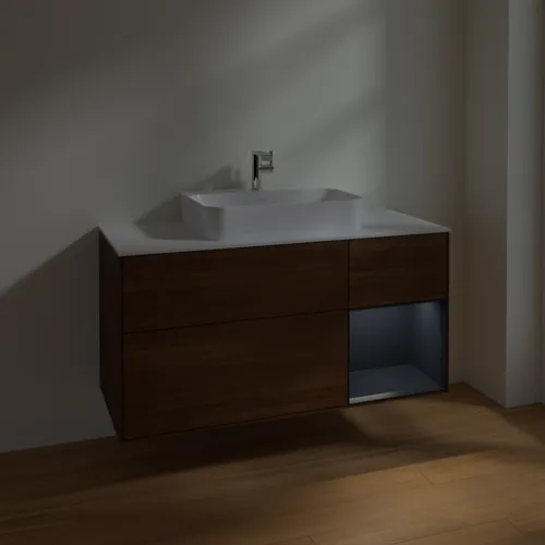 VILLEROY BOCH Finion Waschbeckenunterschrank, mit Beleuchtung, 3 Auszüge, 1200 x 603 x 501 mm, Walnut Veneer / Midnight Blue Matt Lacquer / Glass White Matt #F421HGGN, Bild 5