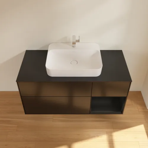 Bild von VILLEROY BOCH Finion Waschbeckenunterschrank, mit Beleuchtung, 3 Auszüge, 1200 x 603 x 501 mm, Black Matt Lacquer / Black Matt Lacquer / Glass Black Matt #F422PDPD