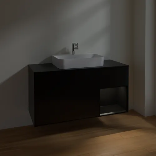 Bild von VILLEROY BOCH Finion Waschbeckenunterschrank, mit Beleuchtung, 3 Auszüge, 1200 x 603 x 501 mm, Black Matt Lacquer / Black Matt Lacquer / Glass Black Matt #F422PDPD