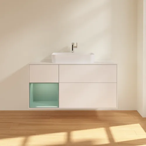 VILLEROY BOCH Finion Waschbeckenunterschrank, mit Beleuchtung, 3 Auszüge, 1200 x 603 x 501 mm, White Matt Lacquer / Olive Matt Lacquer / Glass White Matt #F411GMMT, Bild 3