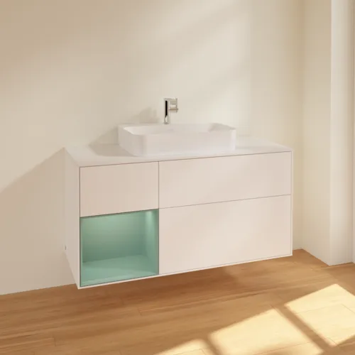 VILLEROY BOCH Finion Waschbeckenunterschrank, mit Beleuchtung, 3 Auszüge, 1200 x 603 x 501 mm, White Matt Lacquer / Olive Matt Lacquer / Glass White Matt #F411GMMT, Bild 2