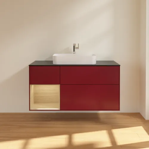 Bild von VILLEROY BOCH Finion Waschbeckenunterschrank, mit Beleuchtung, 3 Auszüge, 1200 x 603 x 501 mm, Peony Matt Lacquer / Oak Veneer / Glass Black Matt #F412PCHB