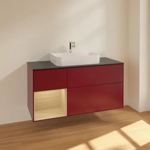 Bild von VILLEROY BOCH Finion Waschbeckenunterschrank, mit Beleuchtung, 3 Auszüge, 1200 x 603 x 501 mm, Peony Matt Lacquer / Oak Veneer / Glass Black Matt #F412PCHB