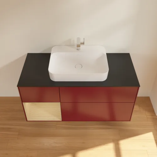 Bild von VILLEROY BOCH Finion Waschbeckenunterschrank, mit Beleuchtung, 3 Auszüge, 1200 x 603 x 501 mm, Peony Matt Lacquer / Oak Veneer / Glass Black Matt #F412PCHB