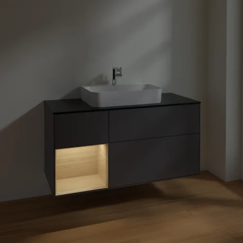 Bild von VILLEROY BOCH Finion Waschbeckenunterschrank, mit Beleuchtung, 3 Auszüge, 1200 x 603 x 501 mm, Anthracite Matt Lacquer / Oak Veneer / Glass Black Matt #F412PCGK