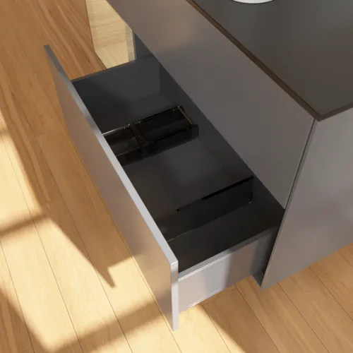 Bild von VILLEROY BOCH Finion Waschbeckenunterschrank, mit Beleuchtung, 3 Auszüge, 1200 x 603 x 501 mm, Anthracite Matt Lacquer / Oak Veneer / Glass Black Matt #F412PCGK