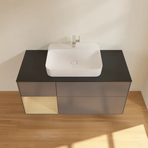 Bild von VILLEROY BOCH Finion Waschbeckenunterschrank, mit Beleuchtung, 3 Auszüge, 1200 x 603 x 501 mm, Anthracite Matt Lacquer / Oak Veneer / Glass Black Matt #F412PCGK
