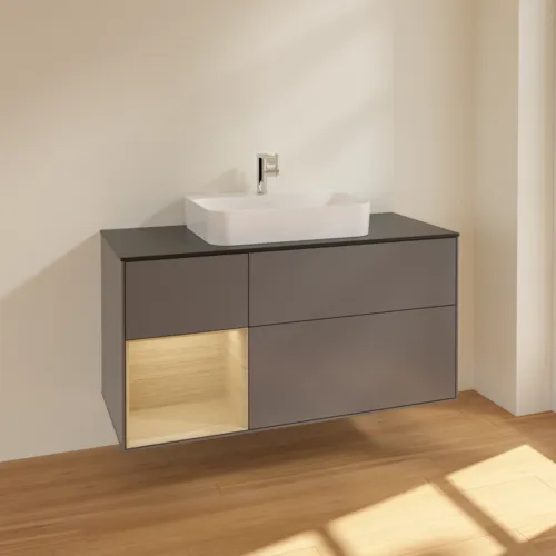 Bild von VILLEROY BOCH Finion Waschbeckenunterschrank, mit Beleuchtung, 3 Auszüge, 1200 x 603 x 501 mm, Anthracite Matt Lacquer / Oak Veneer / Glass Black Matt #F412PCGK