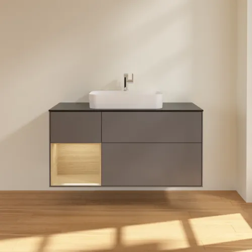 Bild von VILLEROY BOCH Finion Waschbeckenunterschrank, mit Beleuchtung, 3 Auszüge, 1200 x 603 x 501 mm, Anthracite Matt Lacquer / Oak Veneer / Glass Black Matt #F412PCGK