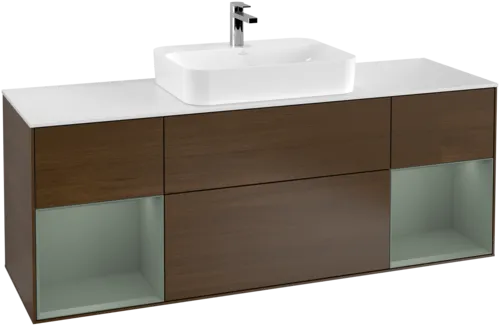 VILLEROY BOCH Finion Vanity unit, with lighting, 4 pull-out compartments, 1600 x 603 x 501 mm, Walnut Veneer / Olive Matt Lacquer / Glass White Matt #F451GMGN resmi