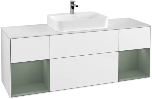 Obrázek VILLEROY BOCH Toaletní skříňka Finion, s osvětlením, 4 výsuvy, 1600 x 603 x 501 mm, lesklý bílý lak / olivově matný lak / sklo bílé matné #F451GMGF