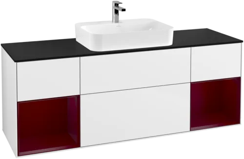 Obrázek VILLEROY BOCH Toaletní skříňka Finion, s osvětlením, 4 výsuvy, 1600 x 603 x 501 mm, lesklý bílý lak / matný lak Pivoňka / matné černé sklo #F452HBGF