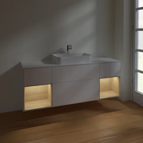 Bild von VILLEROY BOCH Finion Waschbeckenunterschrank, mit Beleuchtung, 4 Auszüge, 1600 x 603 x 501 mm, White Matt Lacquer / Oak Veneer / Glass White Matt #F451PCMT