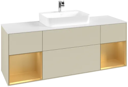 VILLEROY BOCH Finion Vanity unit, with lighting, 4 pull-out compartments, 1600 x 603 x 501 mm, Silk Grey Matt Lacquer / Gold Matt Lacquer / Glass White Matt #F451HFHJ resmi