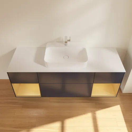 VILLEROY BOCH Finion Waschbeckenunterschrank, mit Beleuchtung, 4 Auszüge, 1600 x 603 x 501 mm, Midnight Blue Matt Lacquer / Gold Matt Lacquer / Glass White Matt #F451HFHG, Bild 3