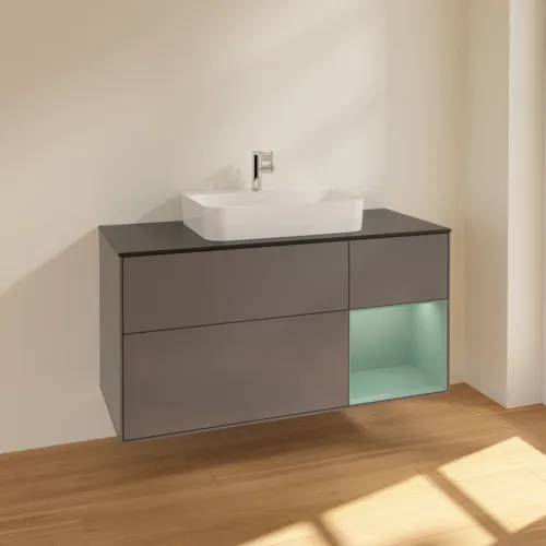 Bild von VILLEROY BOCH Finion Waschbeckenunterschrank, mit Beleuchtung, 3 Auszüge, 1200 x 603 x 501 mm, Anthracite Matt Lacquer / Olive Matt Lacquer / Glass Black Matt #F422GMGK