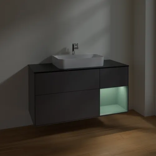 Bild von VILLEROY BOCH Finion Waschbeckenunterschrank, mit Beleuchtung, 3 Auszüge, 1200 x 603 x 501 mm, Anthracite Matt Lacquer / Olive Matt Lacquer / Glass Black Matt #F422GMGK