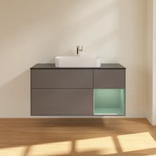 Bild von VILLEROY BOCH Finion Waschbeckenunterschrank, mit Beleuchtung, 3 Auszüge, 1200 x 603 x 501 mm, Anthracite Matt Lacquer / Olive Matt Lacquer / Glass Black Matt #F422GMGK