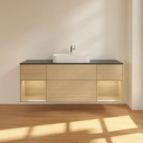 Bild von VILLEROY BOCH Finion Waschbeckenunterschrank, mit Beleuchtung, 4 Auszüge, 1600 x 603 x 501 mm, Oak Veneer / Oak Veneer / Glass Black Matt #F452PCPC