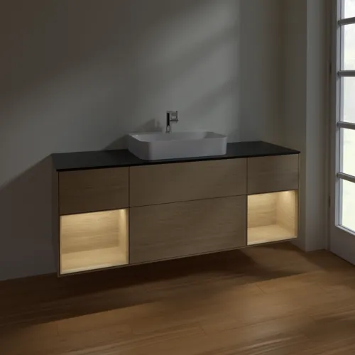 Bild von VILLEROY BOCH Finion Waschbeckenunterschrank, mit Beleuchtung, 4 Auszüge, 1600 x 603 x 501 mm, Oak Veneer / Oak Veneer / Glass Black Matt #F452PCPC
