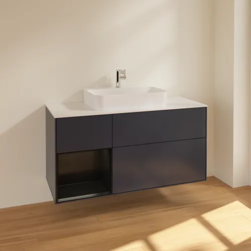 VILLEROY BOCH Finion Waschbeckenunterschrank, mit Beleuchtung, 3 Auszüge, 1200 x 603 x 501 mm, Midnight Blue Matt Lacquer / Black Matt Lacquer / Glass White Matt #F411PDHG, Bild 2