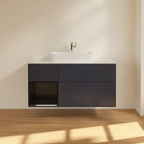 VILLEROY BOCH Finion Waschbeckenunterschrank, mit Beleuchtung, 3 Auszüge, 1200 x 603 x 501 mm, Midnight Blue Matt Lacquer / Black Matt Lacquer / Glass White Matt #F411PDHG, Bild 3