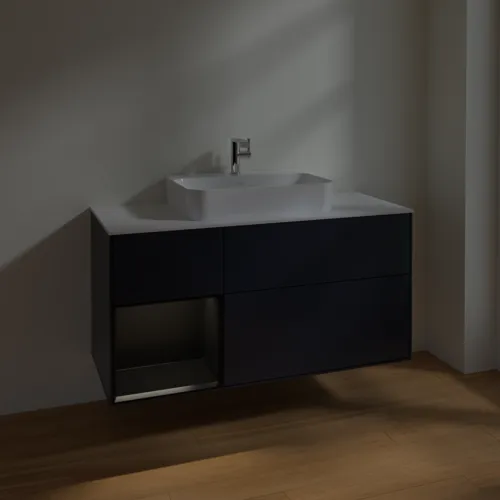 VILLEROY BOCH Finion Waschbeckenunterschrank, mit Beleuchtung, 3 Auszüge, 1200 x 603 x 501 mm, Midnight Blue Matt Lacquer / Black Matt Lacquer / Glass White Matt #F411PDHG, Bild 5