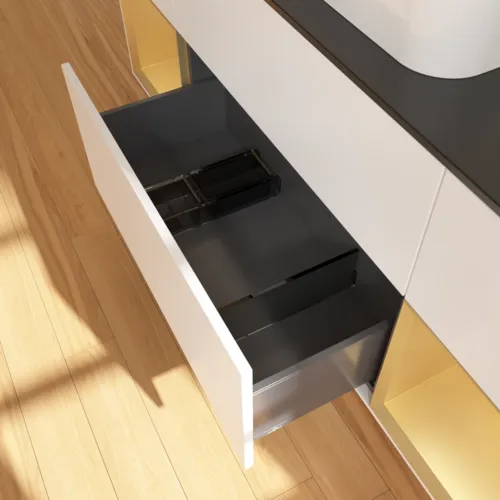 Bild von VILLEROY BOCH Finion Waschbeckenunterschrank, mit Beleuchtung, 4 Auszüge, 1600 x 603 x 501 mm, White Matt Lacquer / Gold Matt Lacquer / Glass Black Matt #F452HFMT