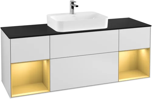 VILLEROY BOCH Finion Vanity unit, with lighting, 4 pull-out compartments, 1600 x 603 x 501 mm, White Matt Lacquer / Gold Matt Lacquer / Glass Black Matt #F452HFMT resmi