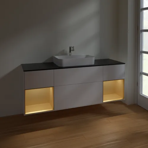 Bild von VILLEROY BOCH Finion Waschbeckenunterschrank, mit Beleuchtung, 4 Auszüge, 1600 x 603 x 501 mm, White Matt Lacquer / Gold Matt Lacquer / Glass Black Matt #F452HFMT