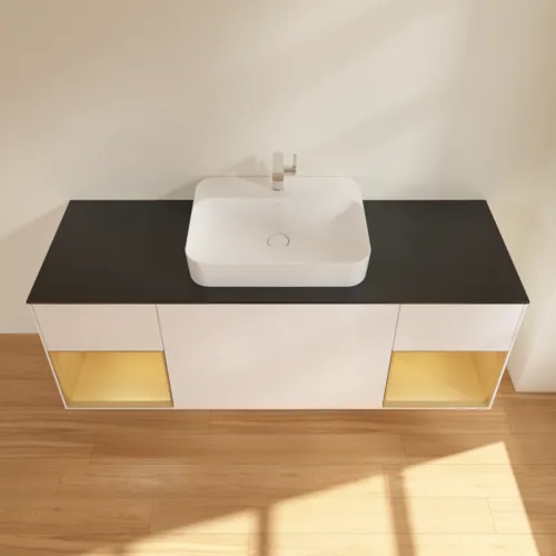 Bild von VILLEROY BOCH Finion Waschbeckenunterschrank, mit Beleuchtung, 4 Auszüge, 1600 x 603 x 501 mm, White Matt Lacquer / Gold Matt Lacquer / Glass Black Matt #F452HFMT