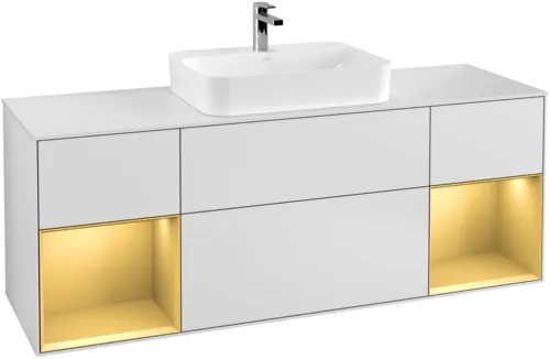 VILLEROY BOCH Finion Vanity unit, with lighting, 4 pull-out compartments, 1600 x 603 x 501 mm, White Matt Lacquer / Gold Matt Lacquer / Glass White Matt #F451HFMT resmi