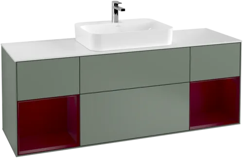 VILLEROY BOCH Finion Vanity unit, with lighting, 4 pull-out compartments, 1600 x 603 x 501 mm, Olive Matt Lacquer / Peony Matt Lacquer / Glass White Matt #F451HBGM resmi