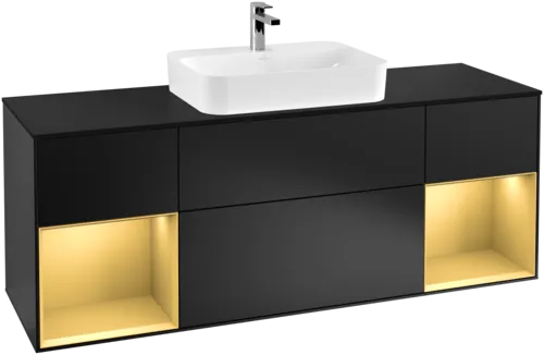 VILLEROY BOCH Finion Vanity unit, with lighting, 4 pull-out compartments, 1600 x 603 x 501 mm, Black Matt Lacquer / Gold Matt Lacquer / Glass Black Matt #F452HFPD resmi