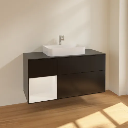 Bild von VILLEROY BOCH Finion Waschbeckenunterschrank, mit Beleuchtung, 3 Auszüge, 1200 x 603 x 501 mm, Black Matt Lacquer / Glossy White Lacquer / Glass Black Matt #F412GFPD