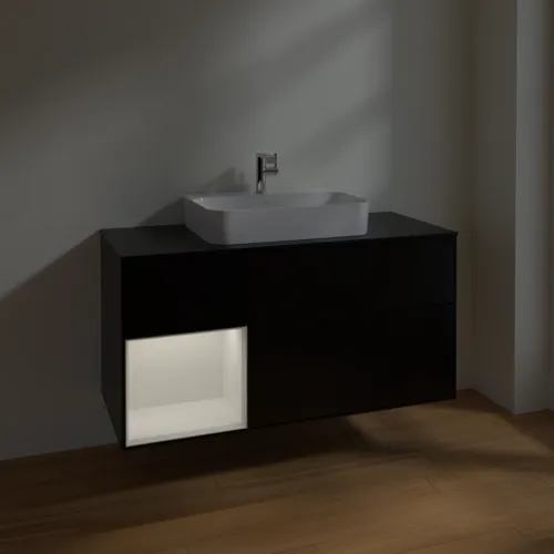 Bild von VILLEROY BOCH Finion Waschbeckenunterschrank, mit Beleuchtung, 3 Auszüge, 1200 x 603 x 501 mm, Black Matt Lacquer / Glossy White Lacquer / Glass Black Matt #F412GFPD