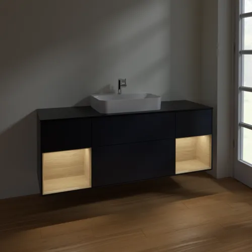 VILLEROY BOCH Finion Waschbeckenunterschrank, mit Beleuchtung, 4 Auszüge, 1600 x 603 x 501 mm, Midnight Blue Matt Lacquer / Oak Veneer / Glass Black Matt #F452PCHG, Bild 5