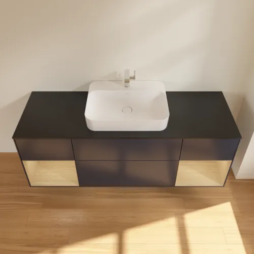 VILLEROY BOCH Finion Waschbeckenunterschrank, mit Beleuchtung, 4 Auszüge, 1600 x 603 x 501 mm, Midnight Blue Matt Lacquer / Oak Veneer / Glass Black Matt #F452PCHG, Bild 4