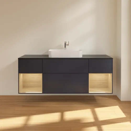 VILLEROY BOCH Finion Waschbeckenunterschrank, mit Beleuchtung, 4 Auszüge, 1600 x 603 x 501 mm, Midnight Blue Matt Lacquer / Oak Veneer / Glass Black Matt #F452PCHG, Bild 3
