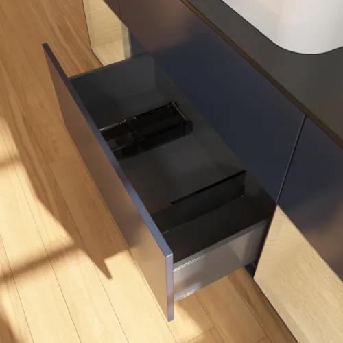 VILLEROY BOCH Finion Waschbeckenunterschrank, mit Beleuchtung, 4 Auszüge, 1600 x 603 x 501 mm, Midnight Blue Matt Lacquer / Oak Veneer / Glass Black Matt #F452PCHG, Bild 6