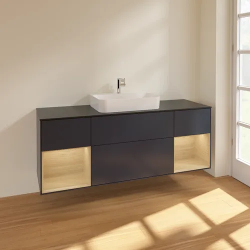 VILLEROY BOCH Finion Waschbeckenunterschrank, mit Beleuchtung, 4 Auszüge, 1600 x 603 x 501 mm, Midnight Blue Matt Lacquer / Oak Veneer / Glass Black Matt #F452PCHG, Bild 2