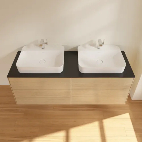 Obrázek VILLEROY BOCH Toaletní skříňka Finion, 4 výsuvy, 1600 x 603 x 501 mm, dubová dýha / sklo černé matné #F43200PC