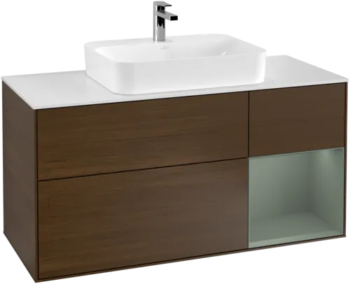 VILLEROY BOCH Finion Vanity unit, with lighting, 3 pull-out compartments, 1200 x 603 x 501 mm, Walnut Veneer / Olive Matt Lacquer / Glass White Matt #F421GMGN resmi