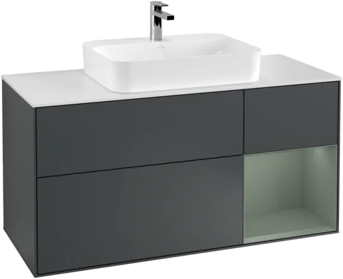 VILLEROY BOCH Finion Vanity unit, with lighting, 3 pull-out compartments, 1200 x 603 x 501 mm, Midnight Blue Matt Lacquer / Olive Matt Lacquer / Glass White Matt #F421GMHG resmi