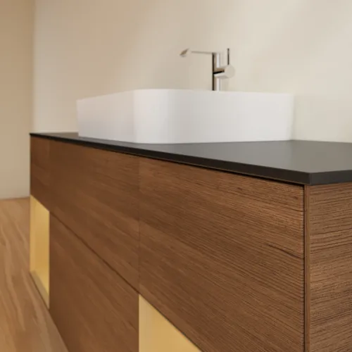 Bild von VILLEROY BOCH Finion Waschbeckenunterschrank, mit Beleuchtung, 4 Auszüge, 1600 x 603 x 501 mm, Walnut Veneer / Gold Matt Lacquer / Glass Black Matt #F452HFGN
